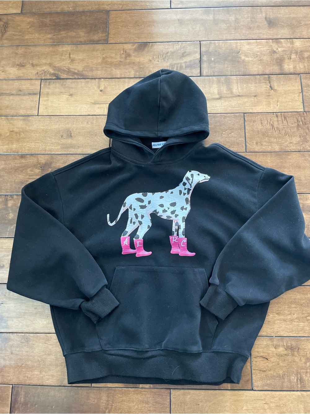 Aelfric Eden Black Hoodie with White Dalmatian and Pink Boots Size S - Picture 2 of 4